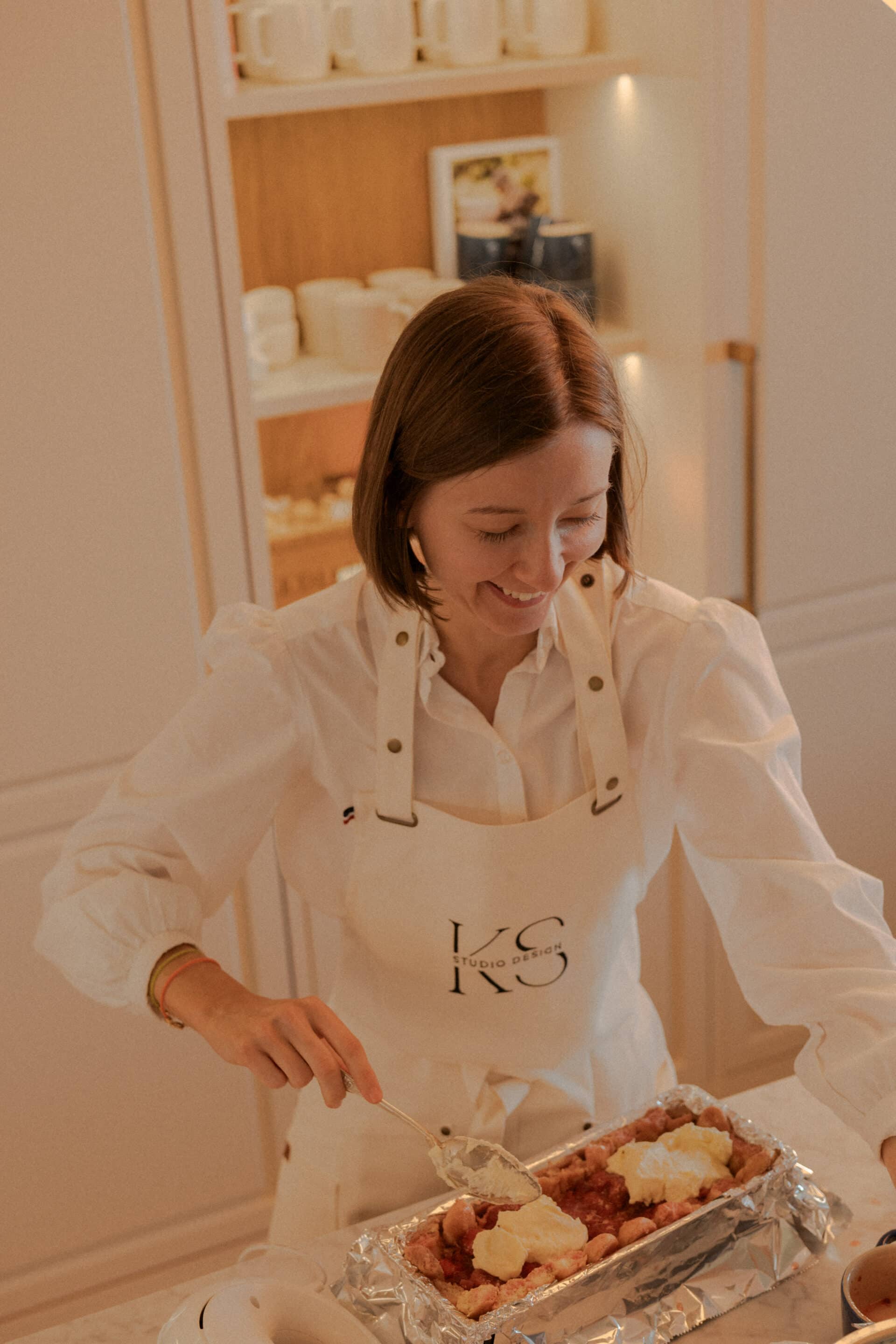 KS in the kitchen, preparing her bespoke Strawberry Charlotte